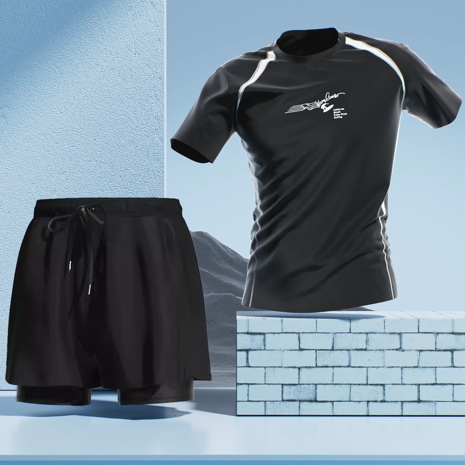 Black top + pure black swimming trunks