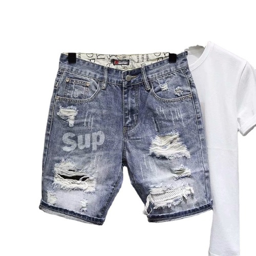 Summer Internet celebrity ripped men's denim shorts trendy brand personalized print slim fit and spirited boy versatile five-point mid-pants
