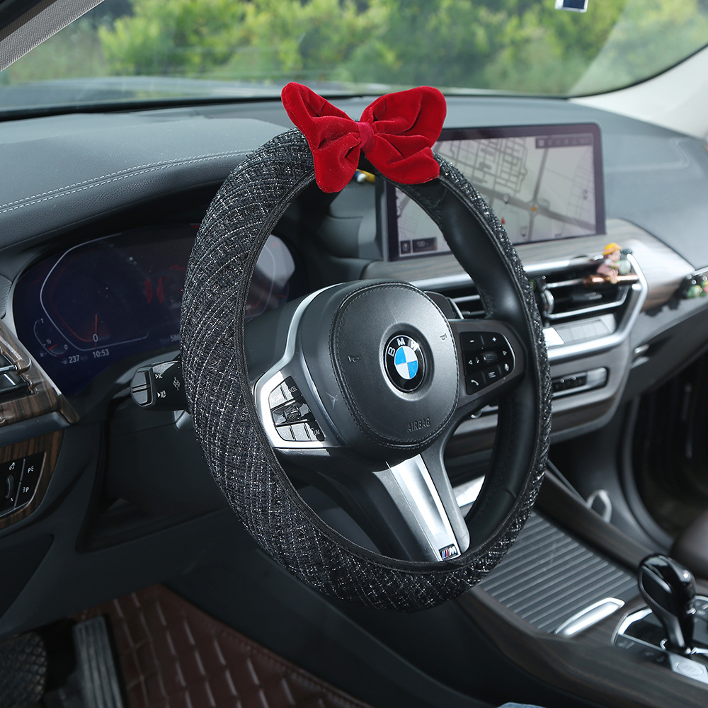 Chanel-style red bow car steering wheel cover, textured and non-slip, suitable for all seasons, women's car interior accessory set