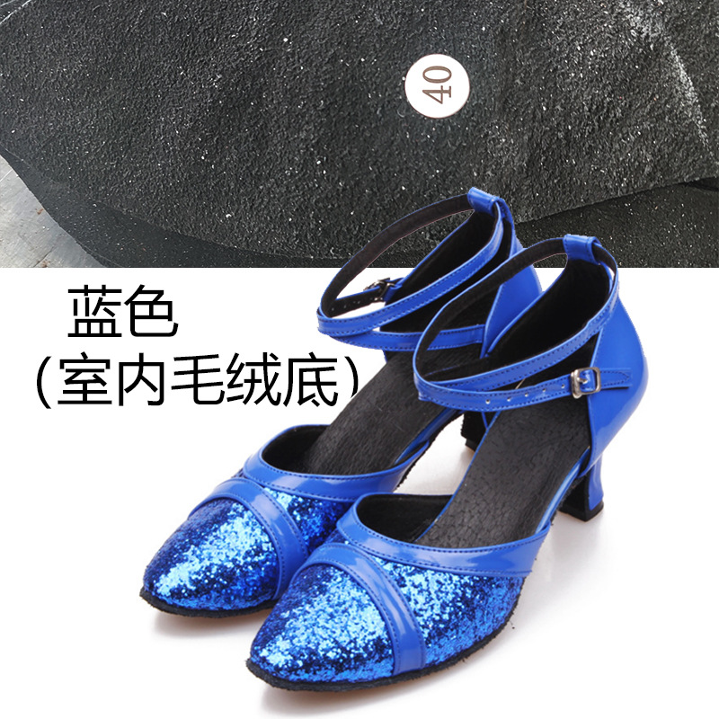 Nuevos zapatos de baile latino adultos mediados talón zapatos de baile de fondo suave zapatos de baile de las mujeres zapatos modernos de baile cuadrado flash lentejuelas de oro