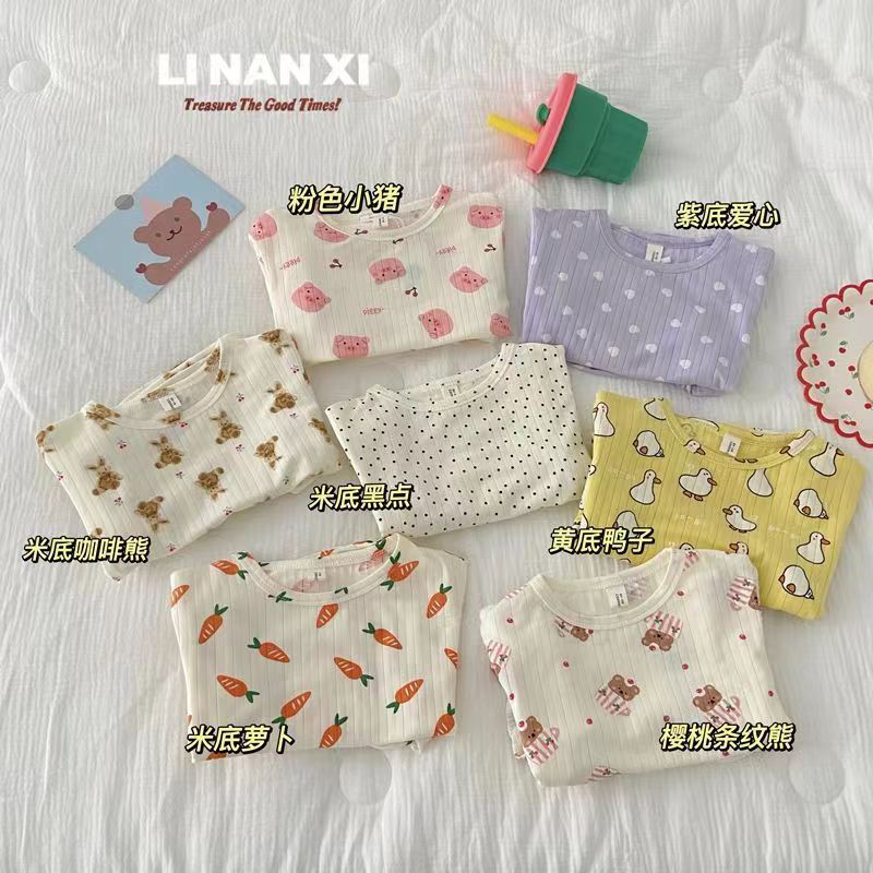 Ice Silk Ribbed 2023 Summer New Girls' Short-Sleeved Outfit Set Baby Summer Two-Piece Set Korean Style Pajamas