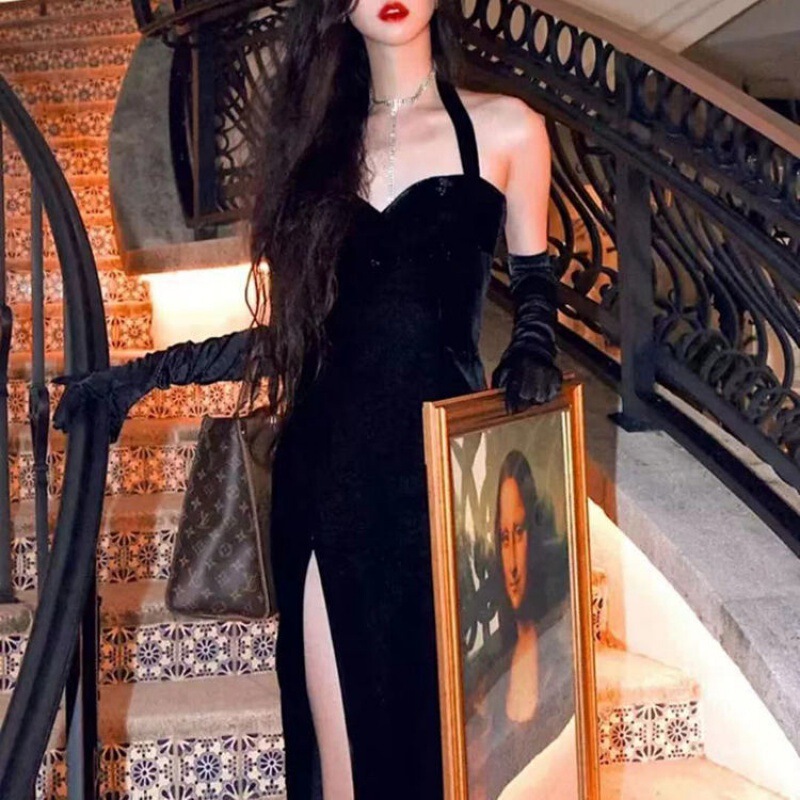 Dress Winter Hepburn Style Gold Velvet Long Skirt Extra Long Style Inner Wear Winter Suspender Dress