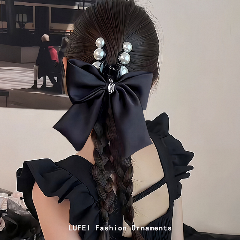 パールブラックリボンリボンクリップ女性のための 2025 新しいサメクリップ後頭部ヘアピンヘアアクセサリー|undefined