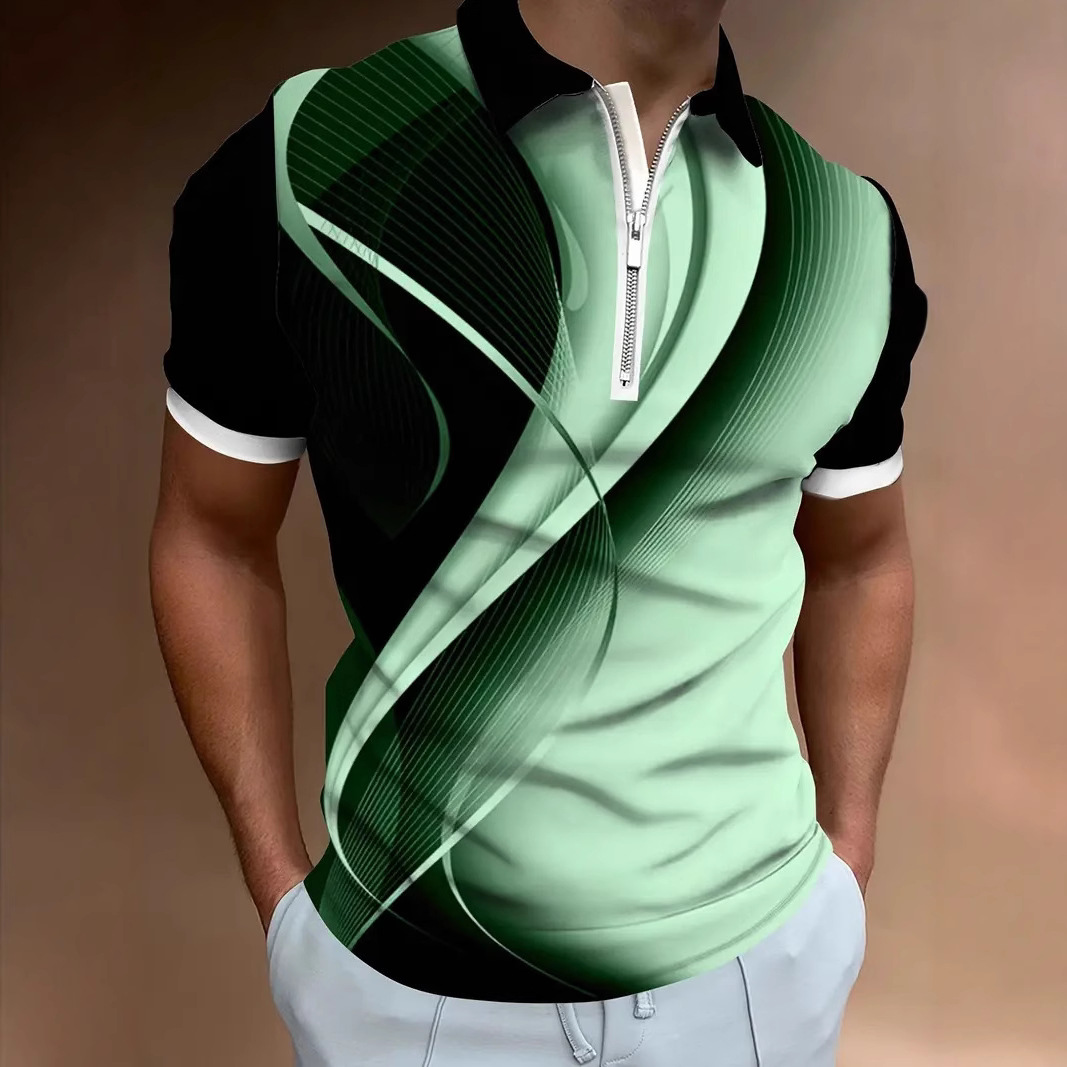 Camisa POLO con cremallera de manga corta con estampado digital 3D para hombre de verano transfronterizo de estilo deportivo y casual patrón geométrico MB13