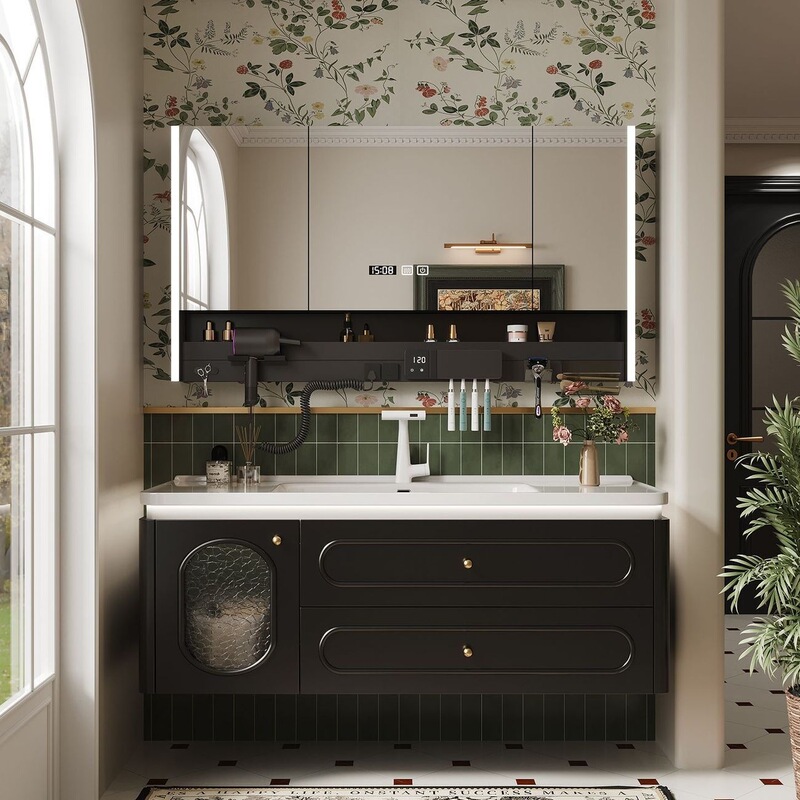 French-style smart oak bathroom cabinet set with integrated ceramic washbasin French-style smart oak bathroom cabinet set with integrated ceramic washbasin
