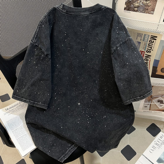 Vintage Washing Water Heavy Cotton oversize Top Women's American-style High Street Washed Old Star Short-sleeved T-shirt