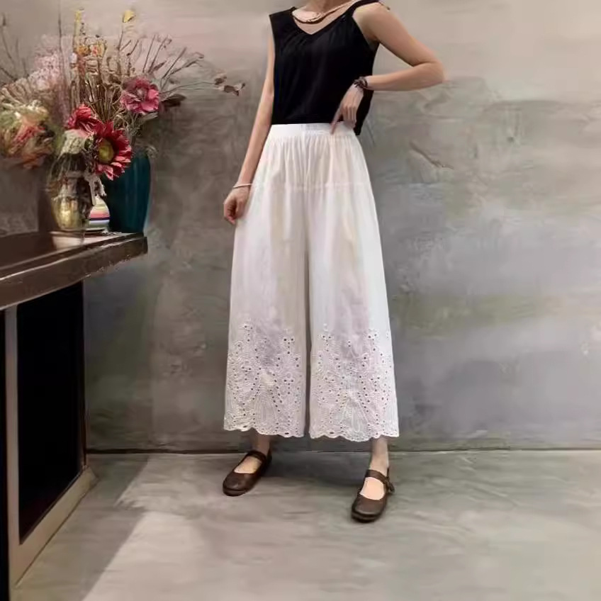 2024 spring latest slimming women's versatile cut-out cotton elastic waist solid color simple wide leg pants