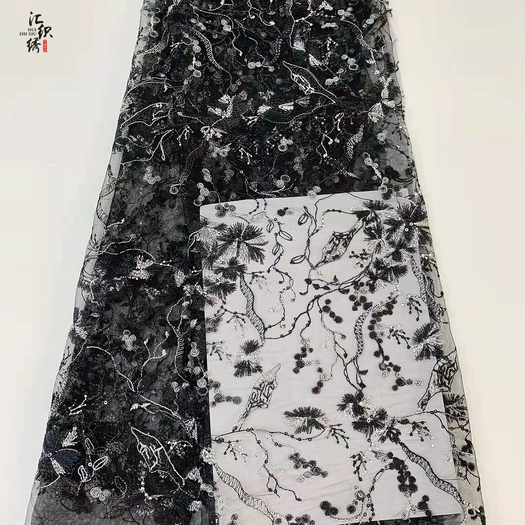 珠片绣花面料 小清新乱花片亮片面料亮片绣花布 舞台时装用料批发
