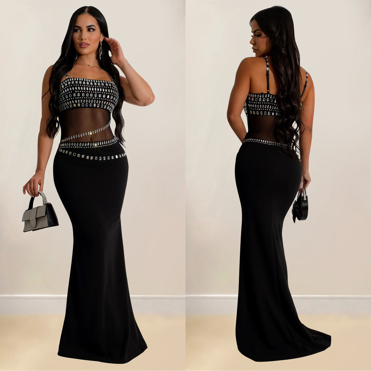 C6989 Aliexpress transfronterizo Amazon estación independiente de moda europea y americana ropa de mujer de malla de diamante caliente vestido vestido largo nuevo image 4