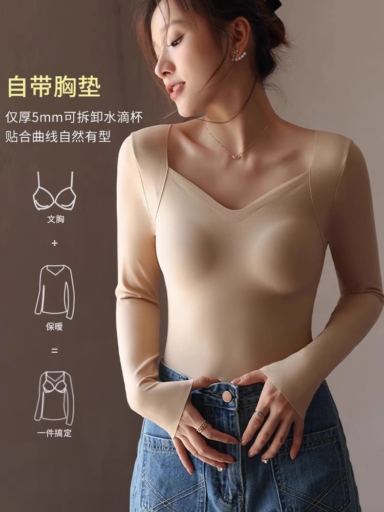가슴 패드가 있는 여성용 보이지 않는 보온 속옷, 겨울용 심리스 피부 밀착 베이스 레이어, 발열 가을 코트 상의