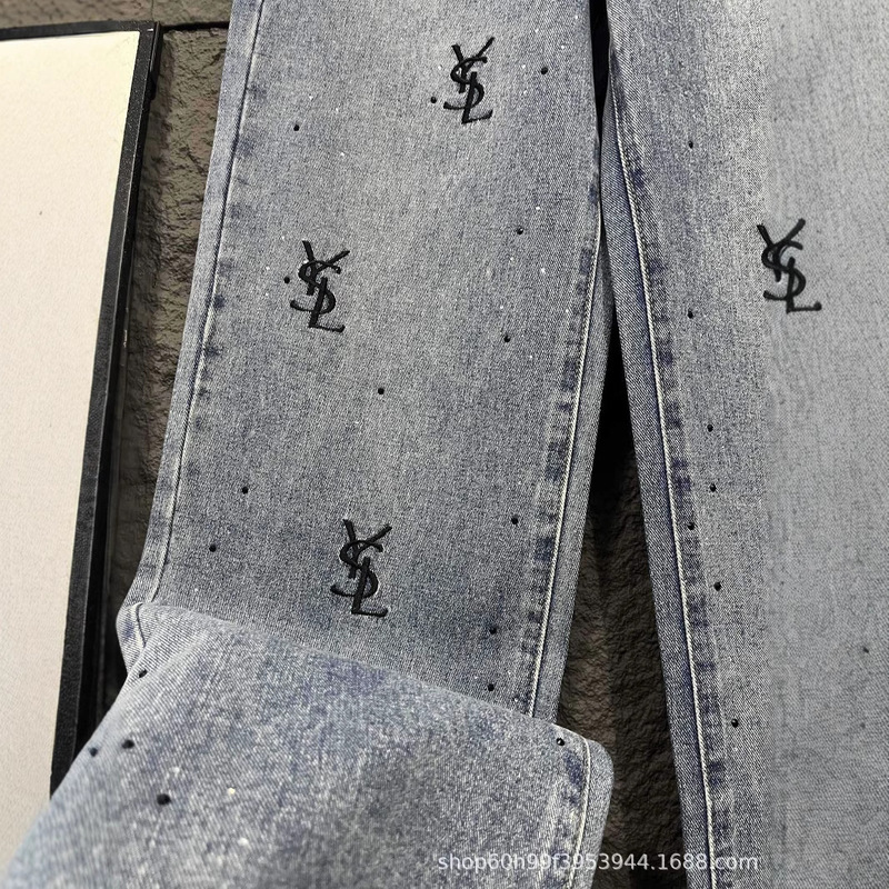 25春夏新作ニッチデザインヘビーデューティーウォッシュホットダイヤモンドレター刺繍ストレートジーンズ|undefined