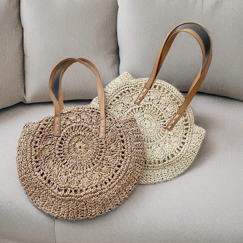 French round hollow woven bag, shoulder and hand-held woven bag, summer beach vacation sand bag, versatile tote bag