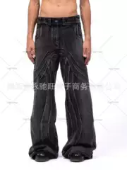 Heavy industry wave ripple do old wash water 2024 new heavy black gray micro horn Denim loose pants