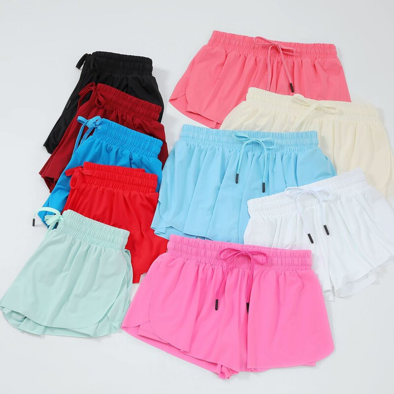 Wholesale 2-in-1 Three-Quarter Mid-Waist Elegant Ice Silk Yoga Peach Shorts Women's Summer Sports Fitness Pants Running Culottes
