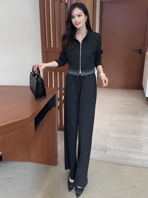 时尚休闲套装女秋装新款时髦洋气立领渐变短外套直筒阔腿裤两件套|undefined
