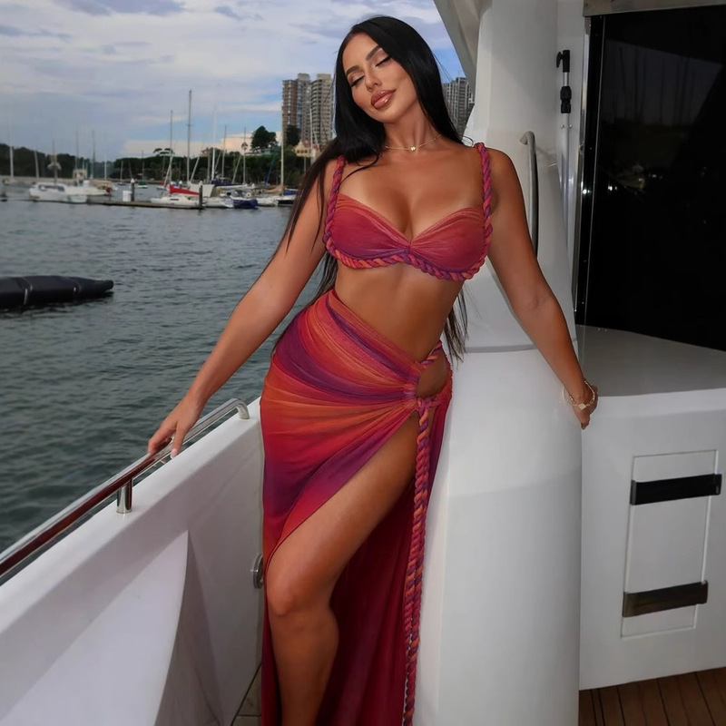 Cross-Border American Style 2025 Summer New Sexy Beach Vacation Swimsuit Braided Suspender Top Slit Skirt Suit