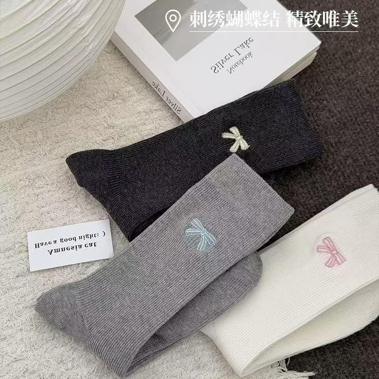 刺绣蝴蝶结袜子女中筒袜韩国ins风网红款双针棉质日系春夏堆堆袜|undefined