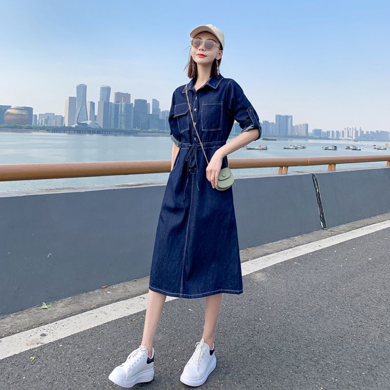 Denim Dress for Women 2024 Spring and Summer Extended Version Waist Slimming Look Elegant Fashionable Over-the-knee One-piece Denim Skirt