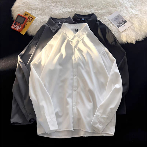 Men's Spring and Autumn Plain Color Long Sleeve Shirt, Ins Style, Casual, Versatile, Trendy, Stylish, Student Suit Inner Layer, Base Shirt, Collared Shirt