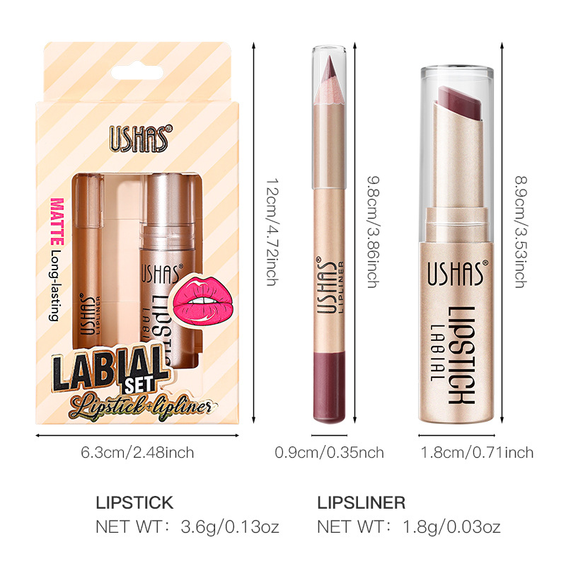 USHAS Europa y los Estados Unidos en stock transfronterizo lápiz labial + lápiz labial impermeable a prueba de agua permanente conjunto de lápiz labial US011