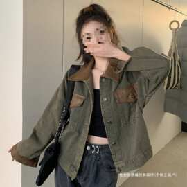 跨境美式复古潮流甜酷拼接工装牛仔外套女秋季韩版宽松休闲百搭夹