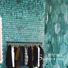 手工羽毛卫生间瓷砖 网红砖个性马赛克 孔雀墨绿色手工砖背景墙砖