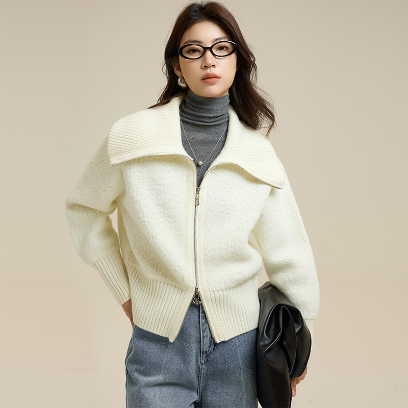 Circle Yarn Pure Wool Outwear Women's Zipper Knitted Cardigan Autumn and Winter Lazy Floral Yarn Sweater Small Lapel Top