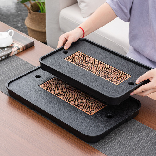 High-end tea tray household small imitation black gold stone tray kungfu tea set tea sea drainage water storage dual-use dry bubble tray wholesale