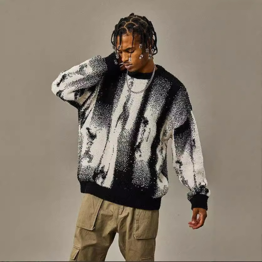 Men's Clothing color matching loose sweater autumn and winter new long sleeved knitted sweater round neck top_voghion.com