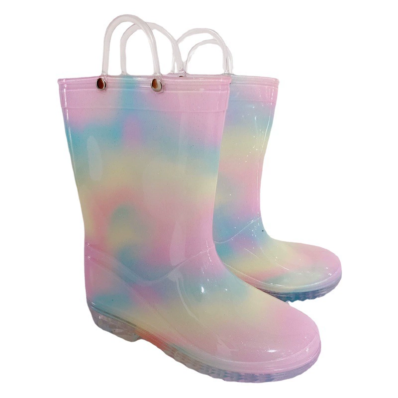 Ins Детские прозрачные резиновые сапоги для родителей и детей, радужные, модные Нескользящие водонепроницаемые сапоги для девочек, резиновые сапоги средней длины