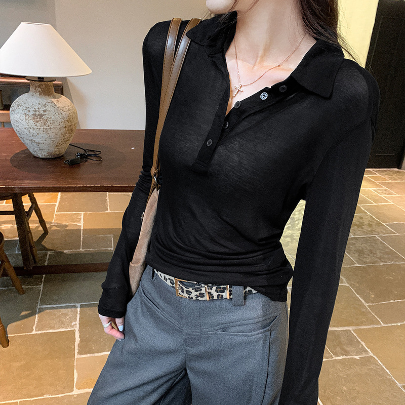 莱赛尔天丝防晒微透长袖T恤女夏季松弛轻薄凉感POLO领罩衫上衣|undefined