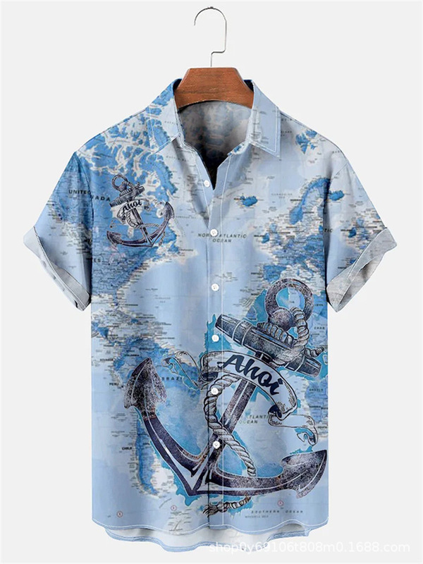 Amazon Cross-border Summer Short-sleeved Vintage Wrangler Vacation Elements Digital Printed Shirt Men's Youth Shirt