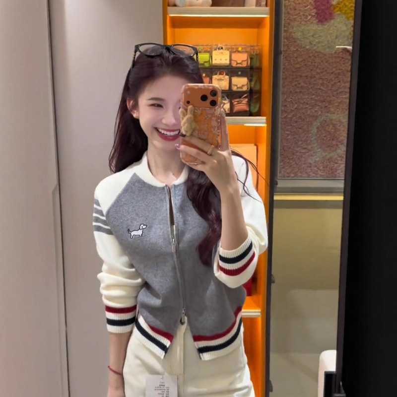 Korean Preppy Style Color-Blocked Knitted Cardigan Jacket for Women Early Autumn Outer Wear Small Loose Short Baseball Uniform Top