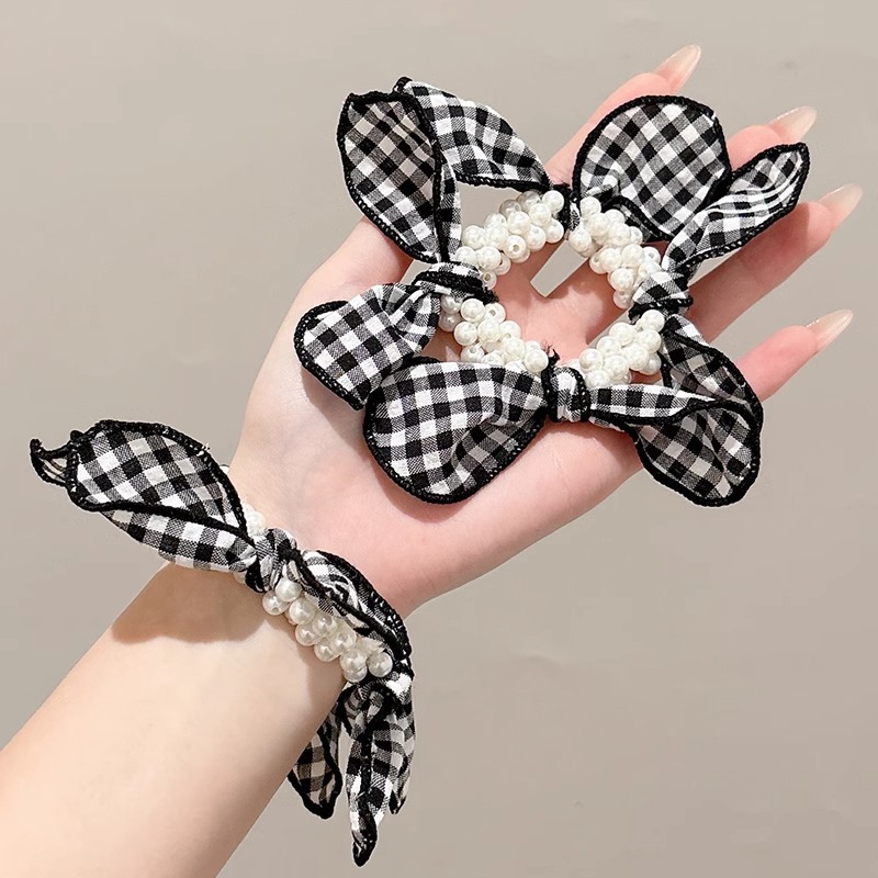 Coreano de alta calidad tela rayada perla anillo de cabello para mujeres 2025 nuevo simple cuerdas de cabello de banda de goma de cuadrillas