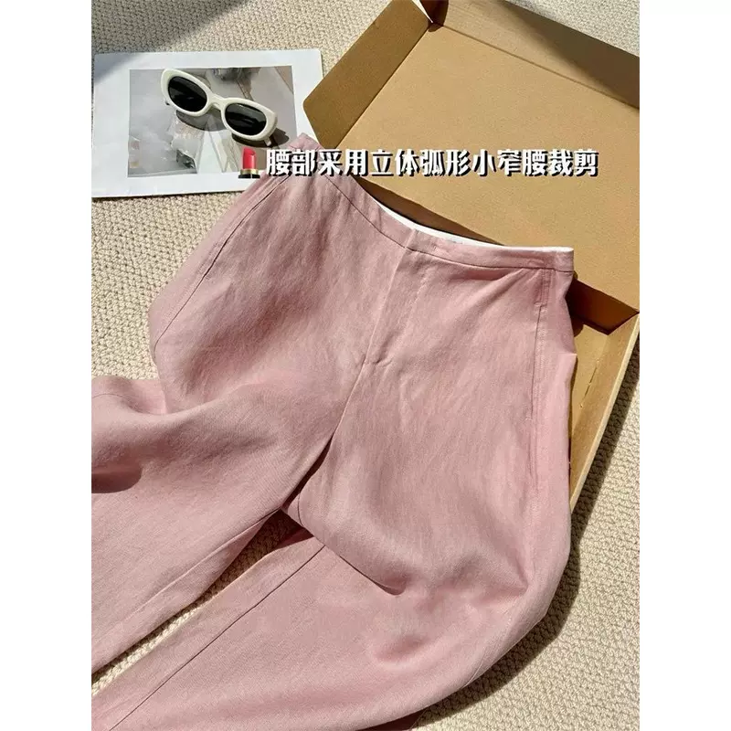 无D推荐！【松弛感天花板】低饱和粉色亚麻裤透气凉感老钱风裤子