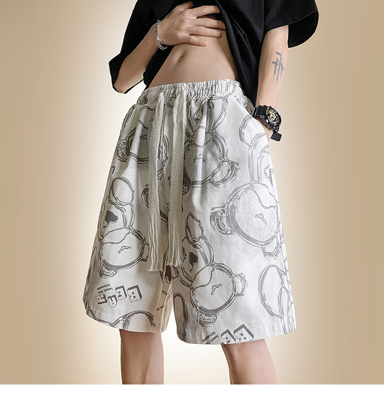 Men's Bear Print Drawstring Shorts, Loose Fit High Street Casual Shorts, Summer Streetwear Mid-Thigh Shorts_viptrois.com
