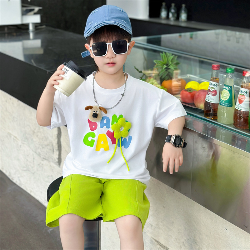 7329 ropa para niños traje de verano para niños 2025 nueva ropa de moda para niños pantalones cortos de manga corta de verano de dos piezas de verano