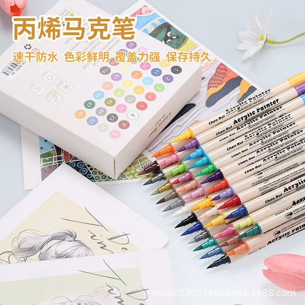 Soft-Head Acrylic Marker Pen 24-Color Round Rod Color Pen Waterproof Non-Fading Kidsren's Hand-Painted Acrylic Brush Set