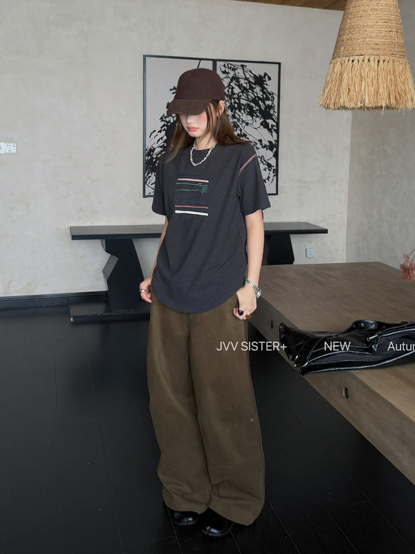 JVV十三行2025秋冬新款复古绣花图案双面德绒上衣短袖T恤女00631|undefined