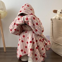 新款！秋冬可爱蓝条纹苹果连帽毛绒拉链睡衣厚保暖家居服睡袍连帽