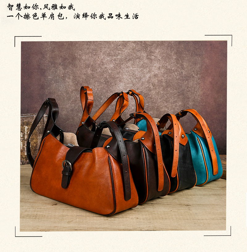 Túi đeo chéo nữ da bò thật vintage, kiểu dáng ôm sát nách — Vàng cổ điển, Màu xanh cổ điển, Nâu cổ điển, Xám đen cổ điển chi tiết 6