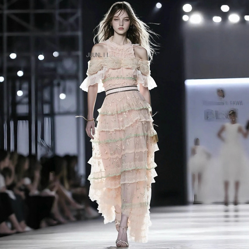 High-End Banquet Dress Long Skirt 2025 Summer Super Heavy-Duty Mesh Embroidered Off-Shoulder Fungus Floor-Length Dress