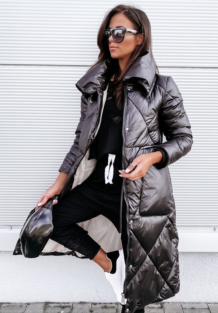 Women's Clothing bright faced temperament commuter lapel long cotton coat women's top long sleeved zipper cotton coat_voghion.com