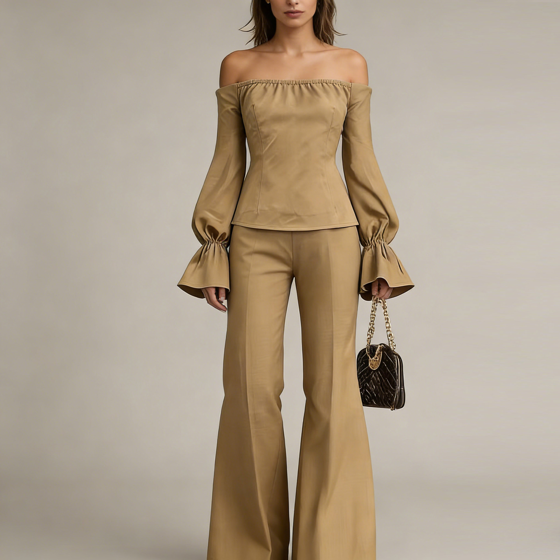 Elegant Off-Shoulder Puff Sleeve Women's Top with Wide Leg Pants Two-Piece Set European And American Style Fashionable Clothing for Women_ecoleips.com