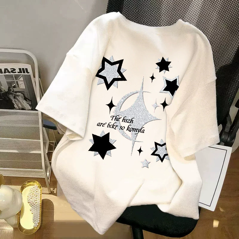 2024, новая весенняя белая футболка со звездами и короткими рукавами для женщин, свободный и универсальный топ средней длины, летний тренд