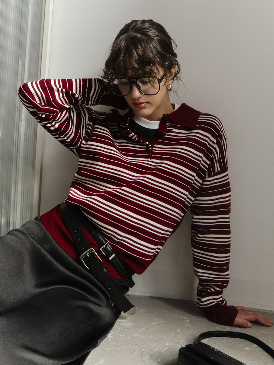 Suéter de Punto a Rayas Transfronterizo, Estilo Europeo y Americano, Otoño 2025, Nuevo Polo Americano Retro con Bloques de Color y Cuello de Polo