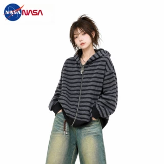 NASA秋季美式复古横条纹连帽开衫袋鼠兜卫衣外套休闲上衣男女同款