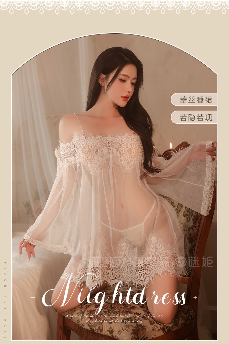 Feimu & Miji Sheer Lace Off-Shoulder Nightdress with Pearl Straps and Crotchless Panty — detail image 23