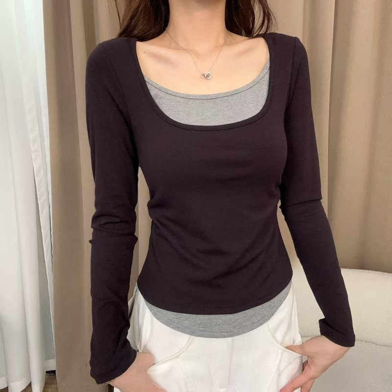 2025秋季新款假两件撞色圆领长袖T恤女宽松遮肚内搭打底衫上衣女|undefined