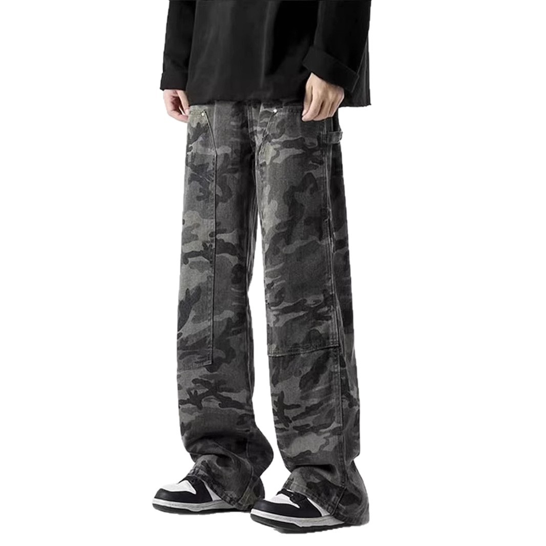 American Camouflage Cargo Jeans Men's Loose High Street Hiphop Straight Pants Trendy Brand Large Size Wide Leg Sports Pants